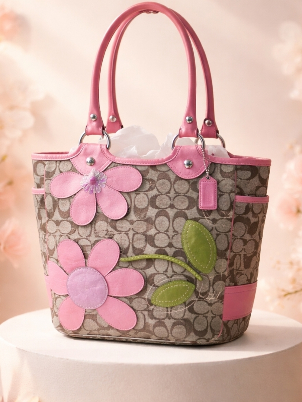 Coach Pink Floral Daisy Appliqué Tote Bag